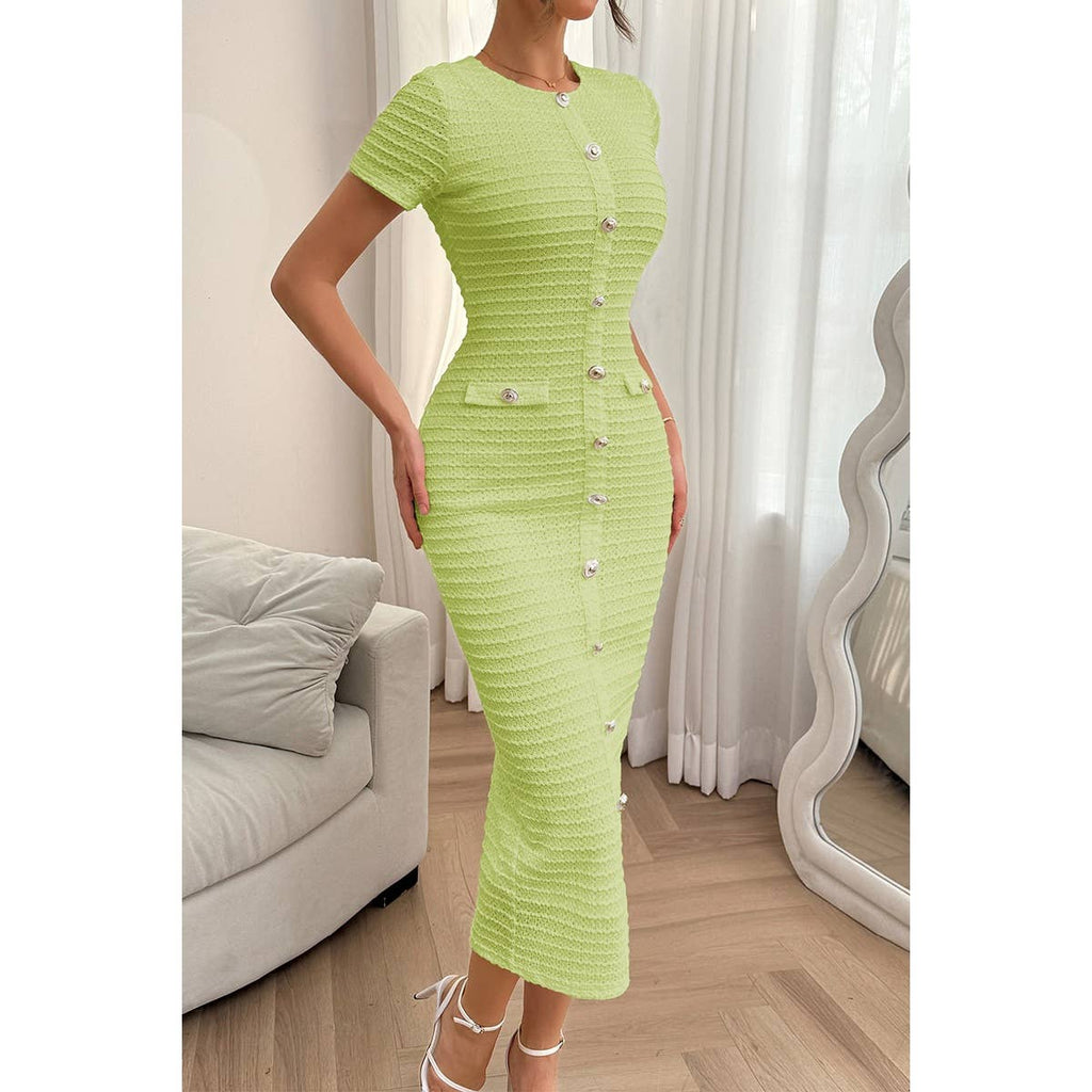 Solid Buckle Design Zipper Split Short Sleeve Dress