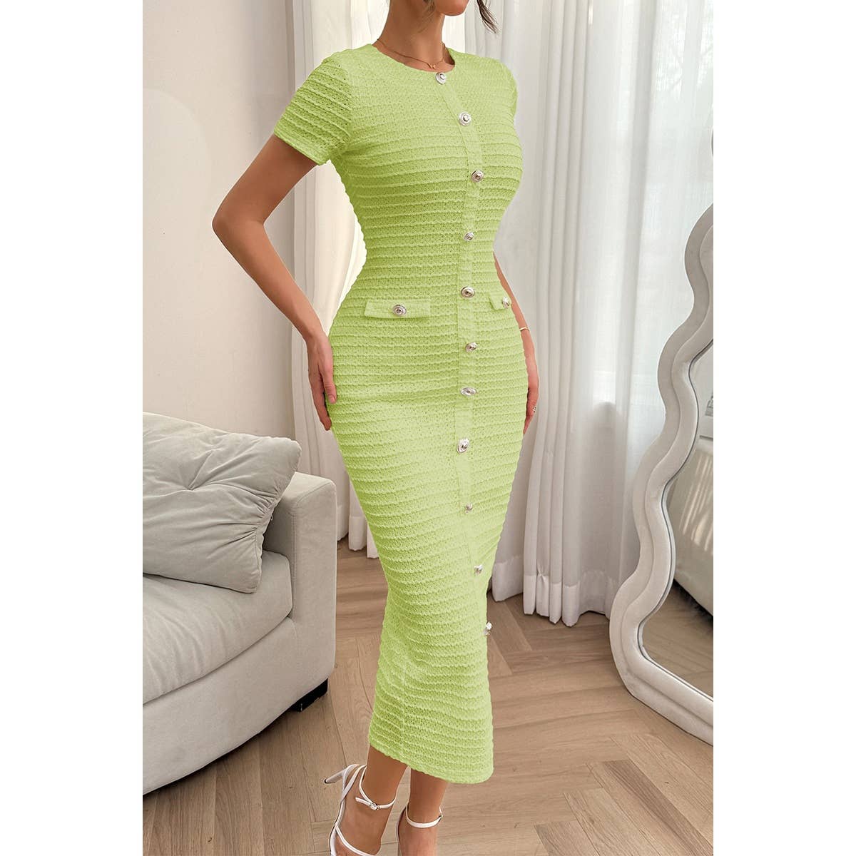 Solid Buckle Design Zipper Split Short Sleeve Dress