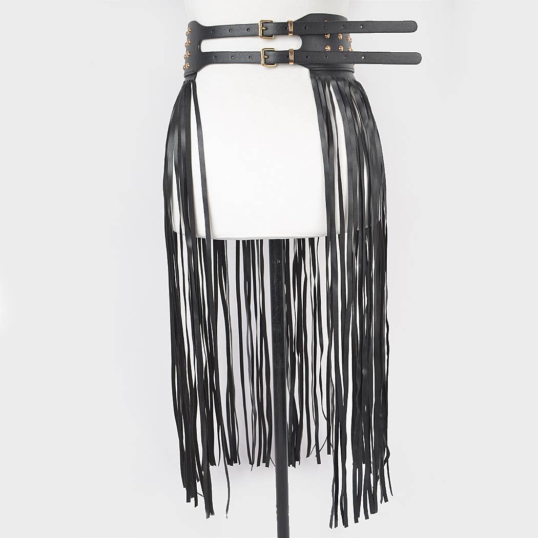 Faux Leather Metal Studded Fringe Belt
