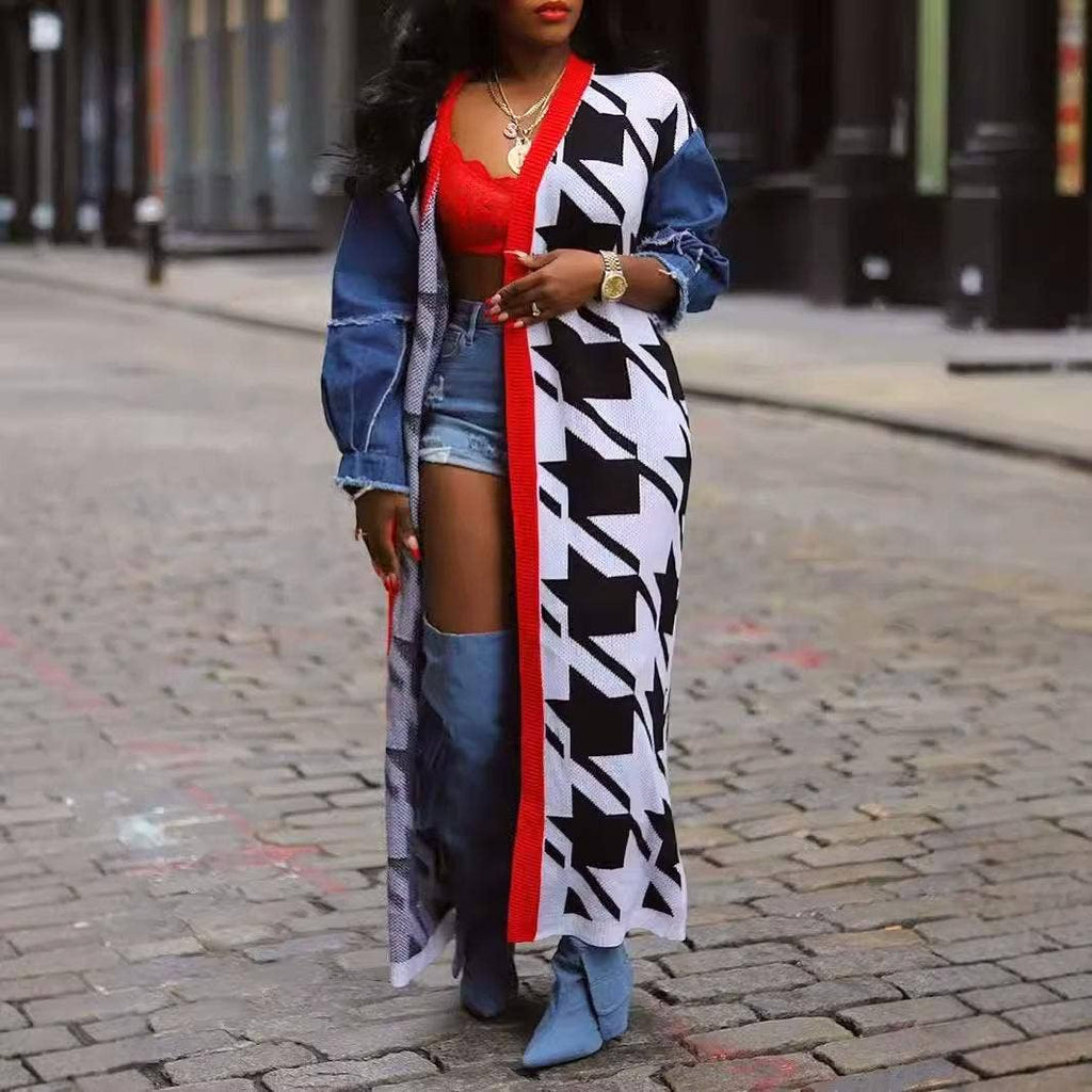 Houndstooth Pattern Denim Sleeve Spliced Long Cardigan