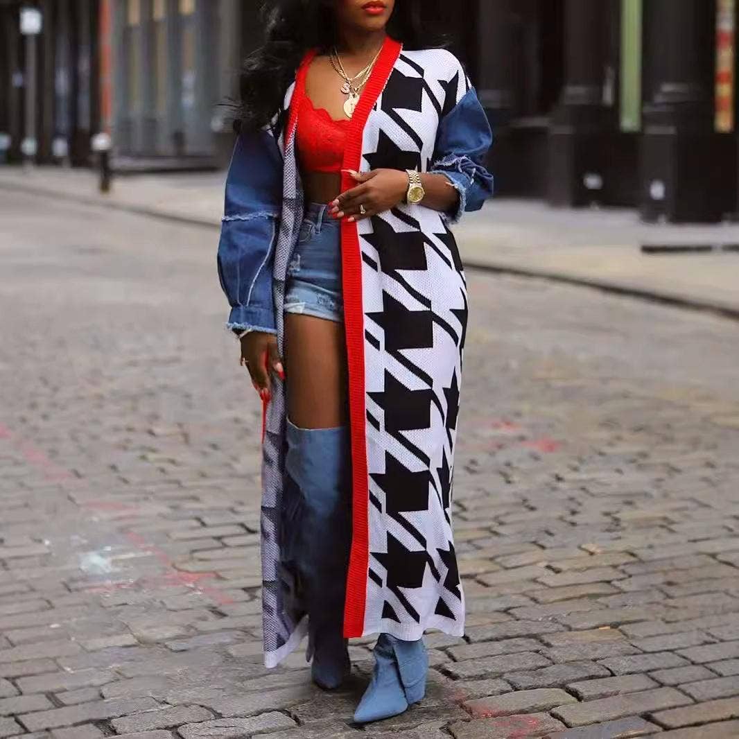Houndstooth Pattern Denim Sleeve Spliced Long Cardigan