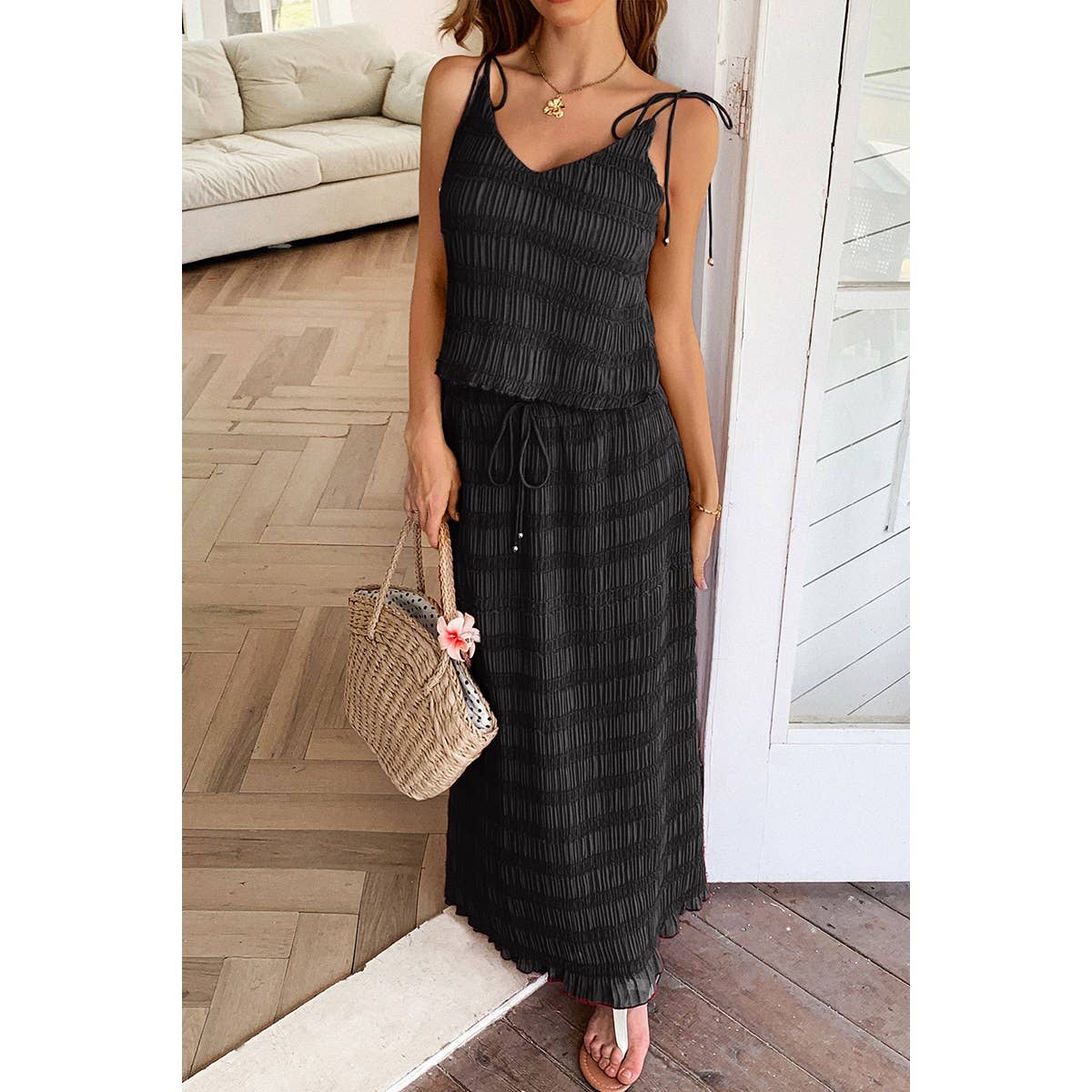 Solid Two Piece Strappy Maxi Skirt Crop Top Set