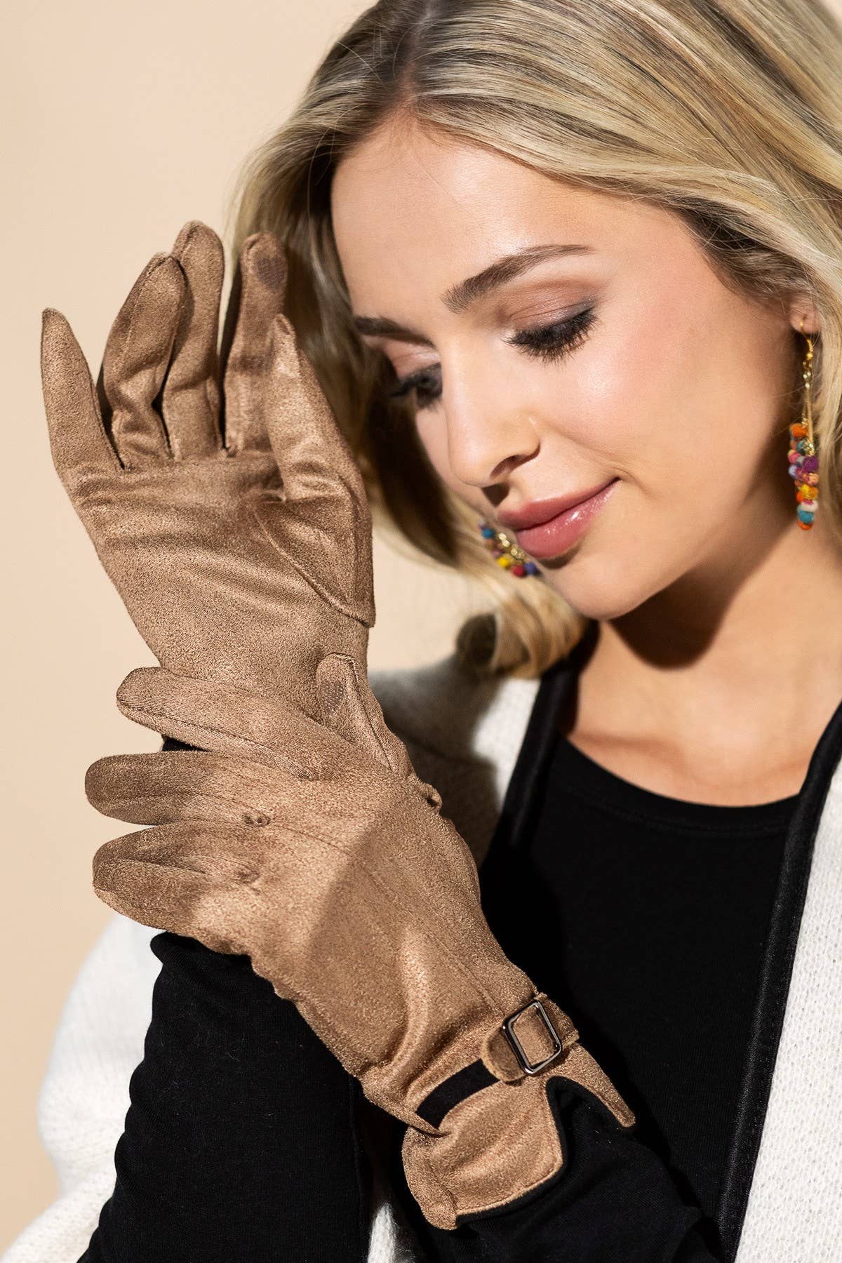 Faux Suede Band Smart Touch Gloves