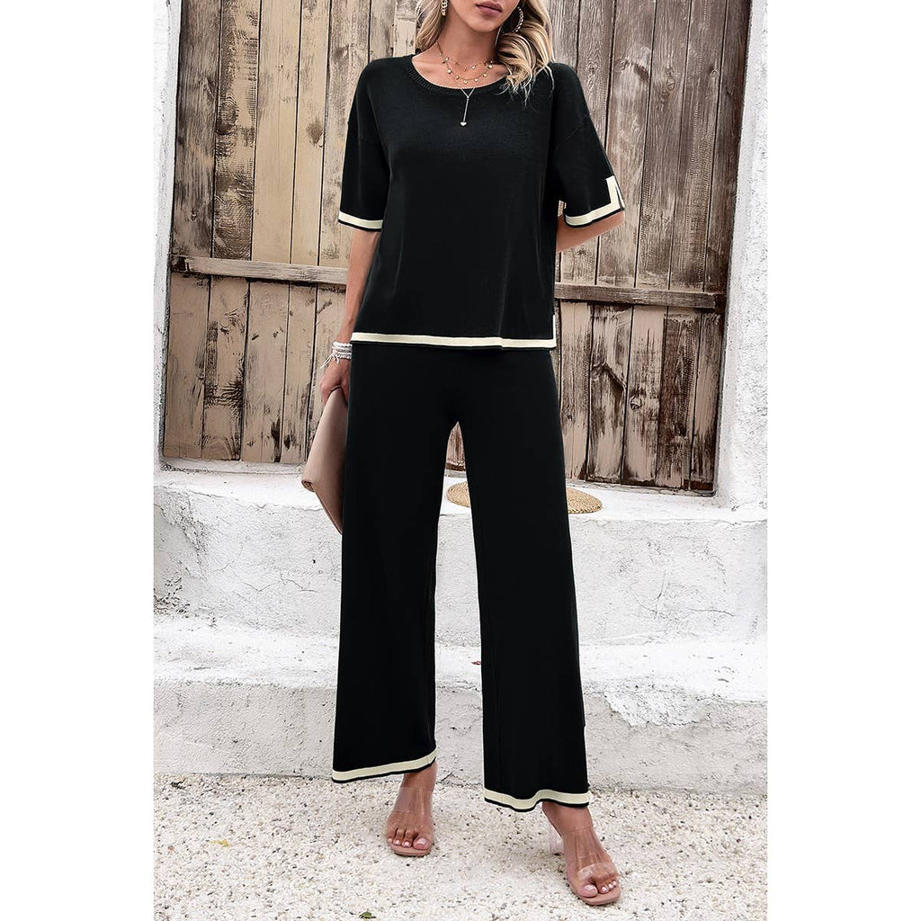 Two Pieces Outfits Knit Short Sleeve Wide Leg Lounge Sets