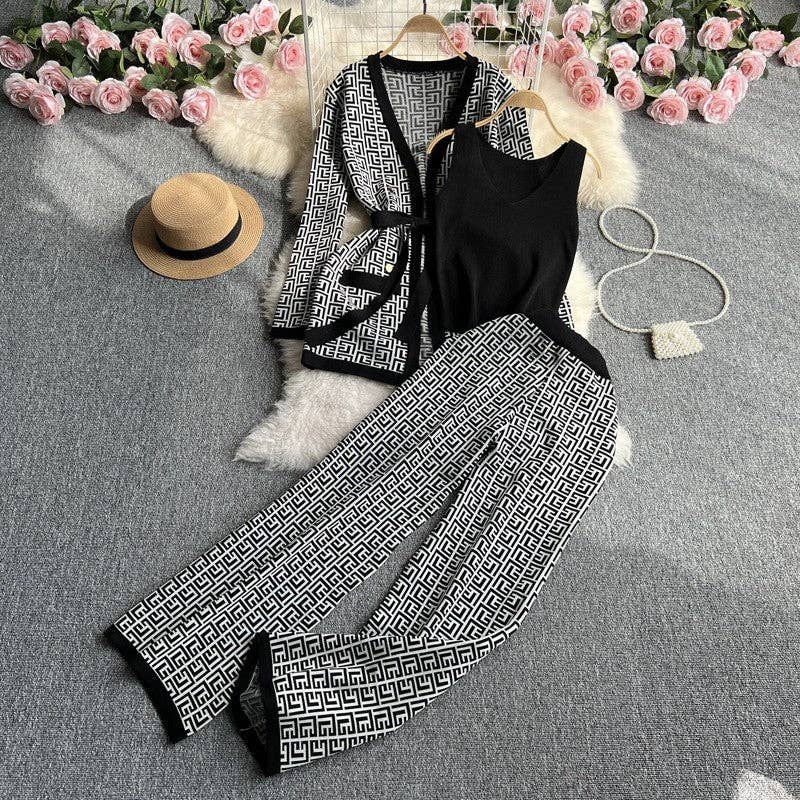 Knitted Cardigan, Vest, And Pants Set