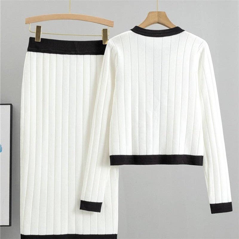 Color-Blocked Dress And Skirt Knitted Cardigan Set
