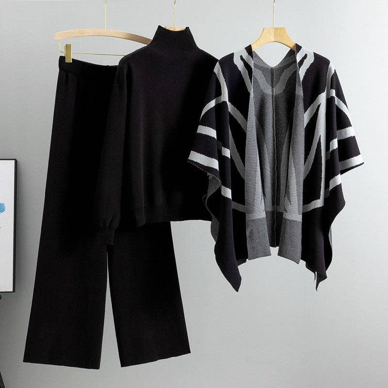 Three-Piece Knit Sweater Shawl Poncho Wide-Leg Pants