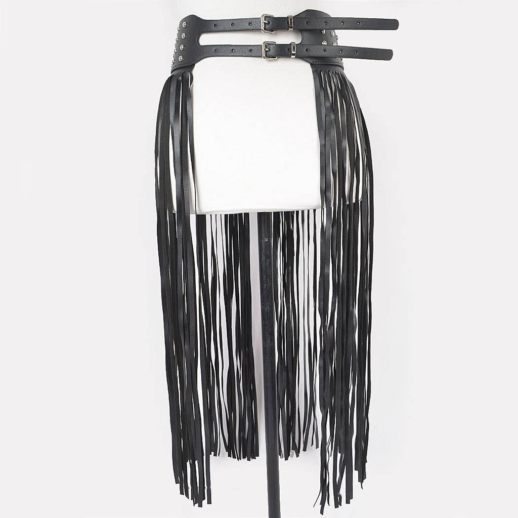 Faux Leather Metal Studded Fringe Belt