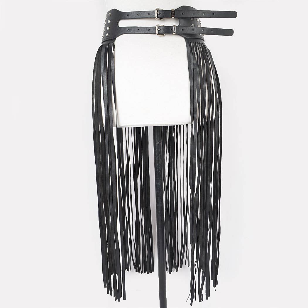 Faux Leather Metal Studded Fringe Belt
