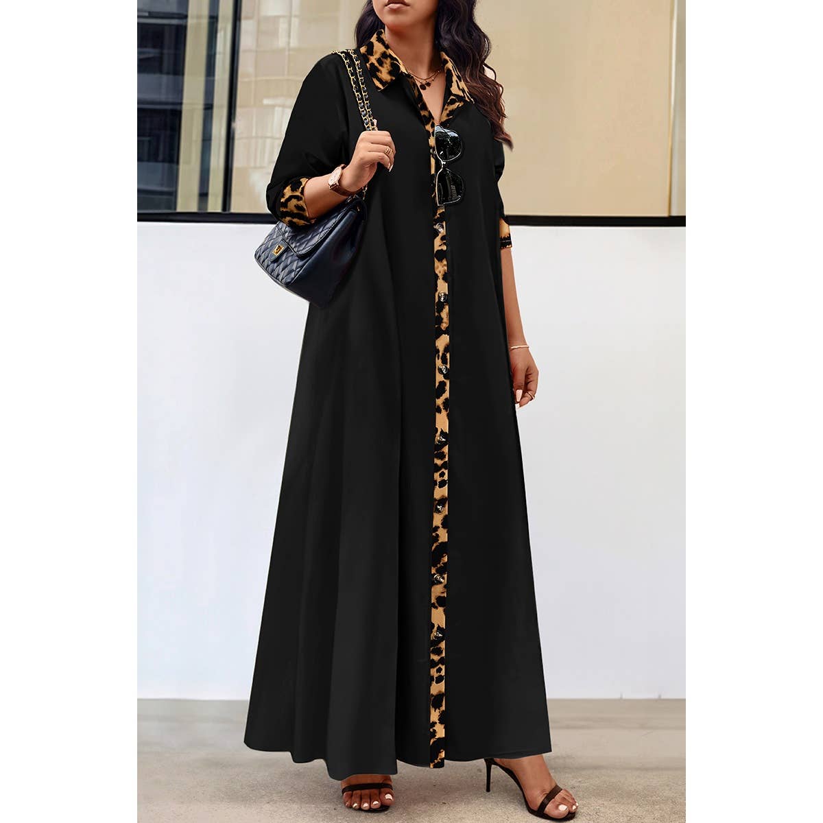 Plus Size Leopard Print Elegant Long Sleeve Dress