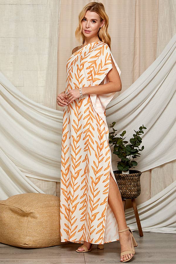One Shoulder Leaf Print Maxi Dress. LF-5146IMD