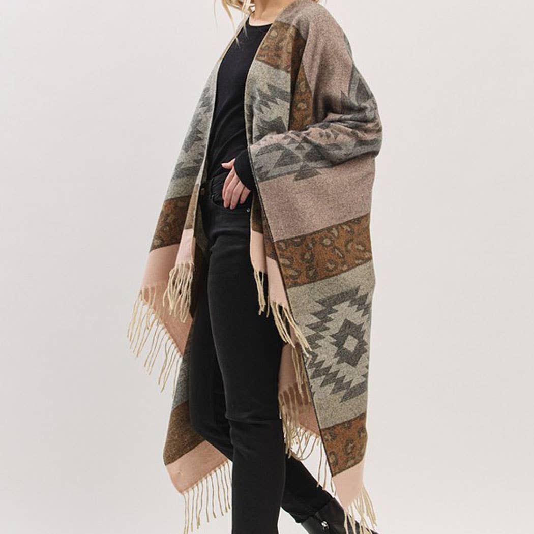 Aztec Leopard Pattern Fringe Ruana