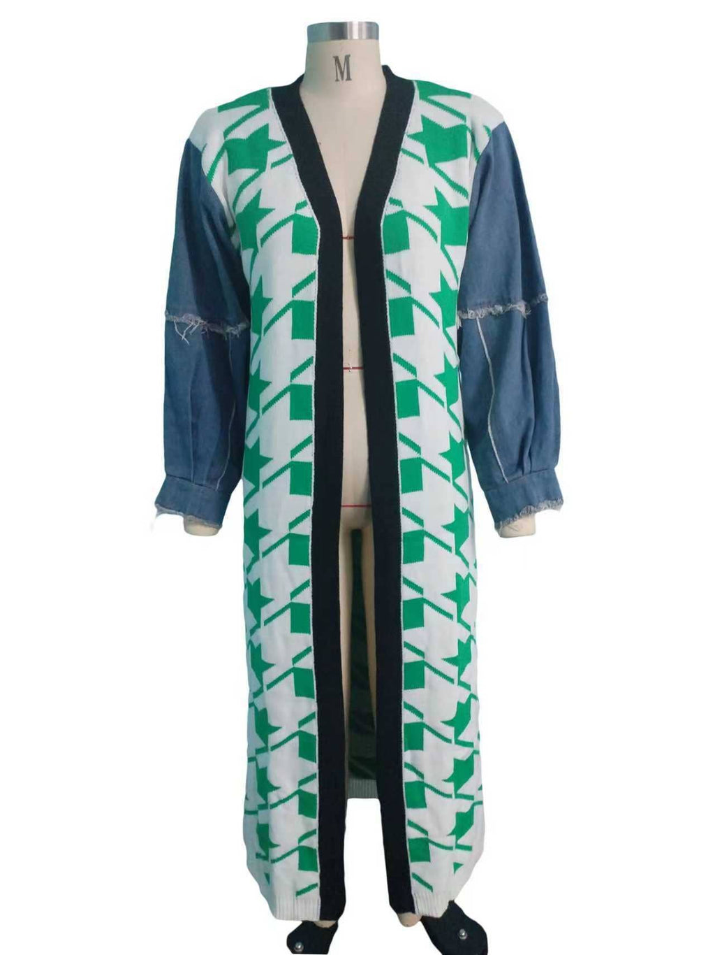 Houndstooth Pattern Denim Sleeve Spliced Long Cardigan
