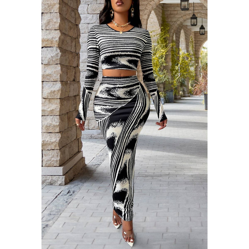 Round Neck Striped Crop Top Pencil Skirt Sets
