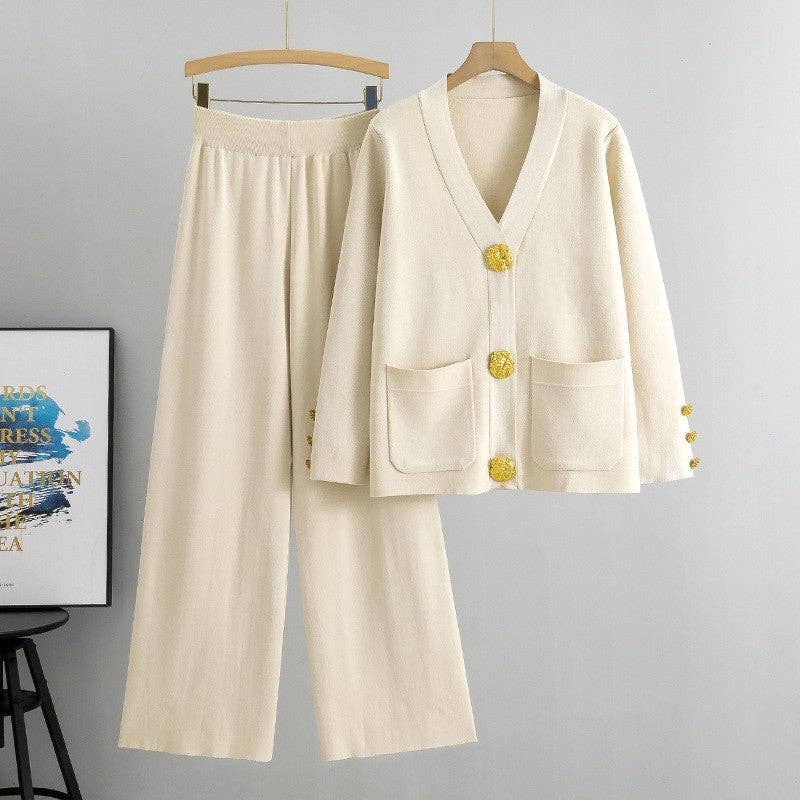 Solid Color Knit Cardigan And Wide Leg Pants Set