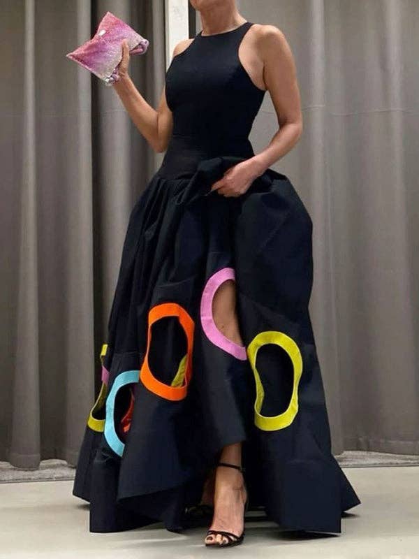 Sleeveless Hollow Pleated Split-Joint Round-Neck Maxi Dresses