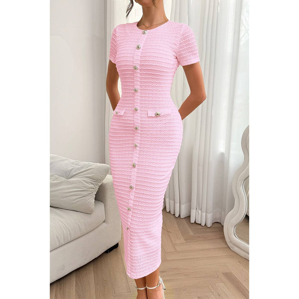 Solid Buckle Design Zipper Split Short Sleeve Dress