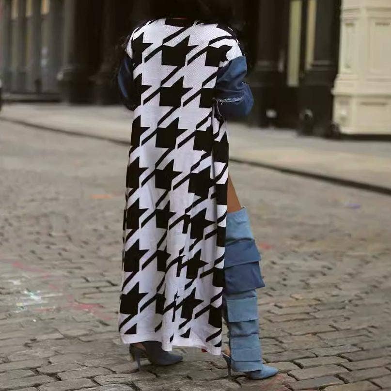 Houndstooth Pattern Denim Sleeve Spliced Long Cardigan