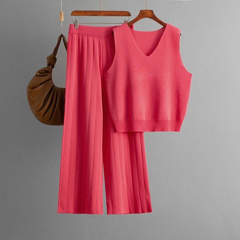 V Neck Solid Knit Tank Top High Waist Wide Leg Set