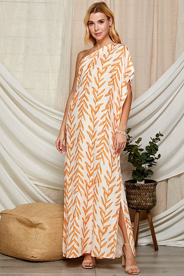 One Shoulder Leaf Print Maxi Dress. LF-5146IMD