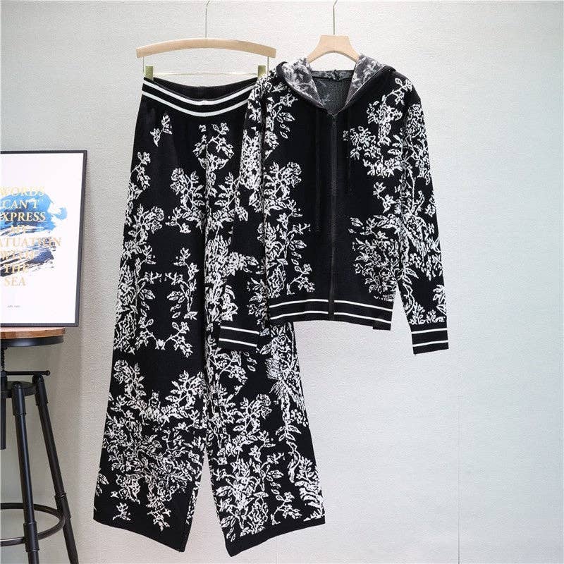 Ink Painting Jacquard Hooded Sweater And Wide Leg Pants Set