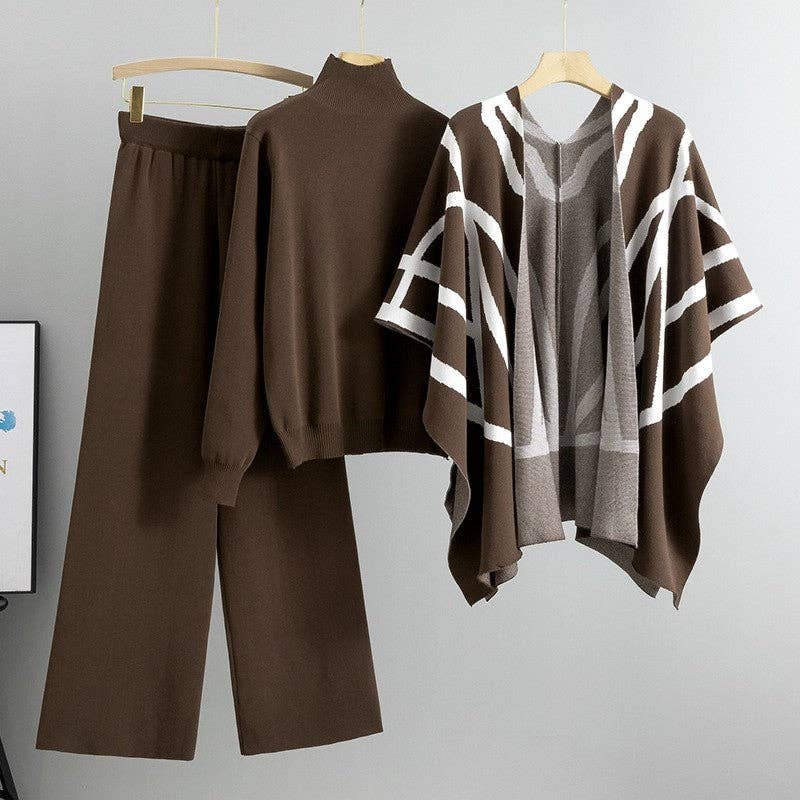 Three-Piece Knit Sweater Shawl Poncho Wide-Leg Pants
