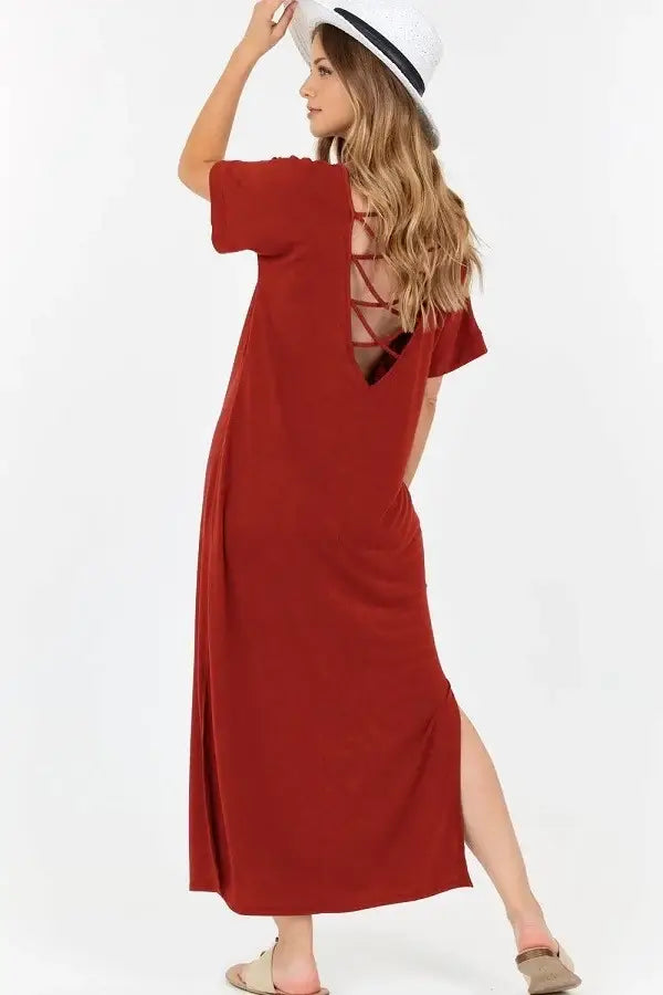 Short Sleeve Maxi Dress With Cross Strings-Brick