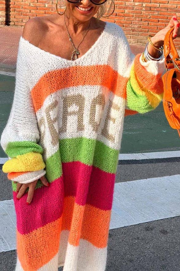 Peace Pattern Color Blocks Knit Midi Sweater Dress
