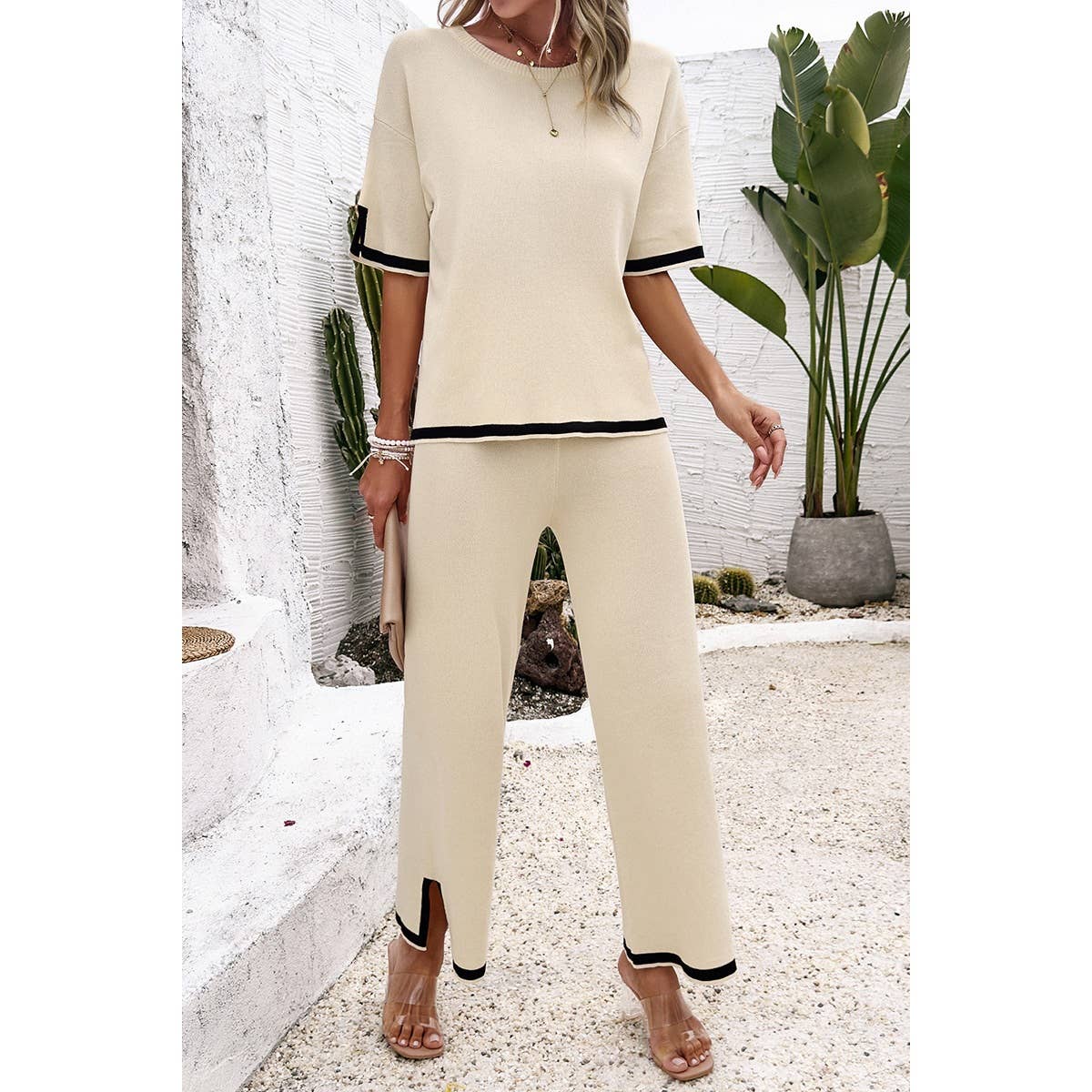 Two Pieces Outfits Knit Short Sleeve Wide Leg Lounge Sets