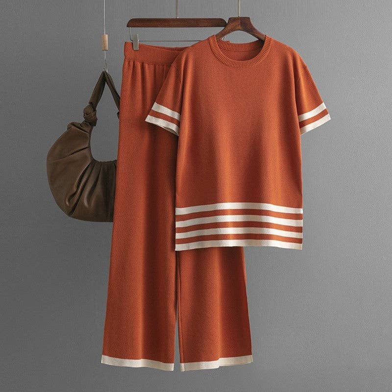 Knitted Color Block Striped Split Hem Two Piece Set