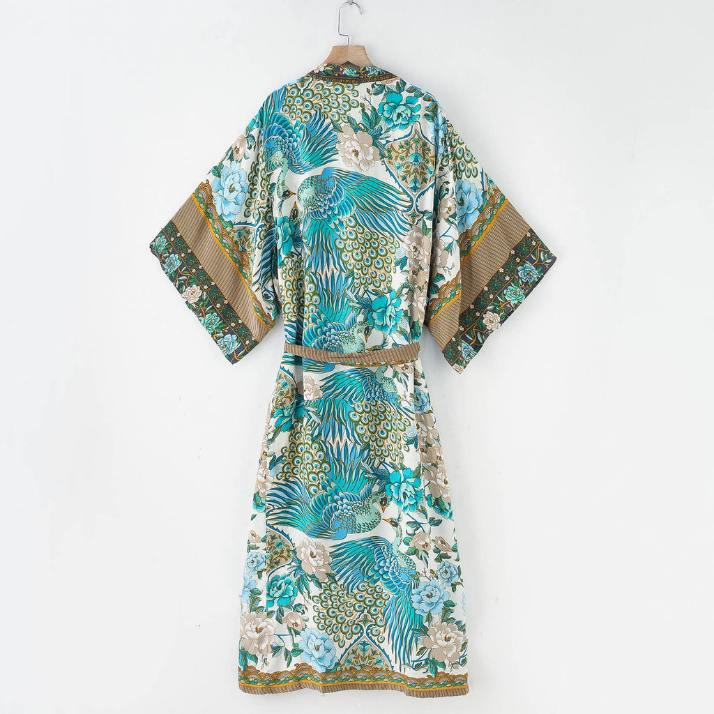 Peacock & Floral Print Belted Long Kimono Robe