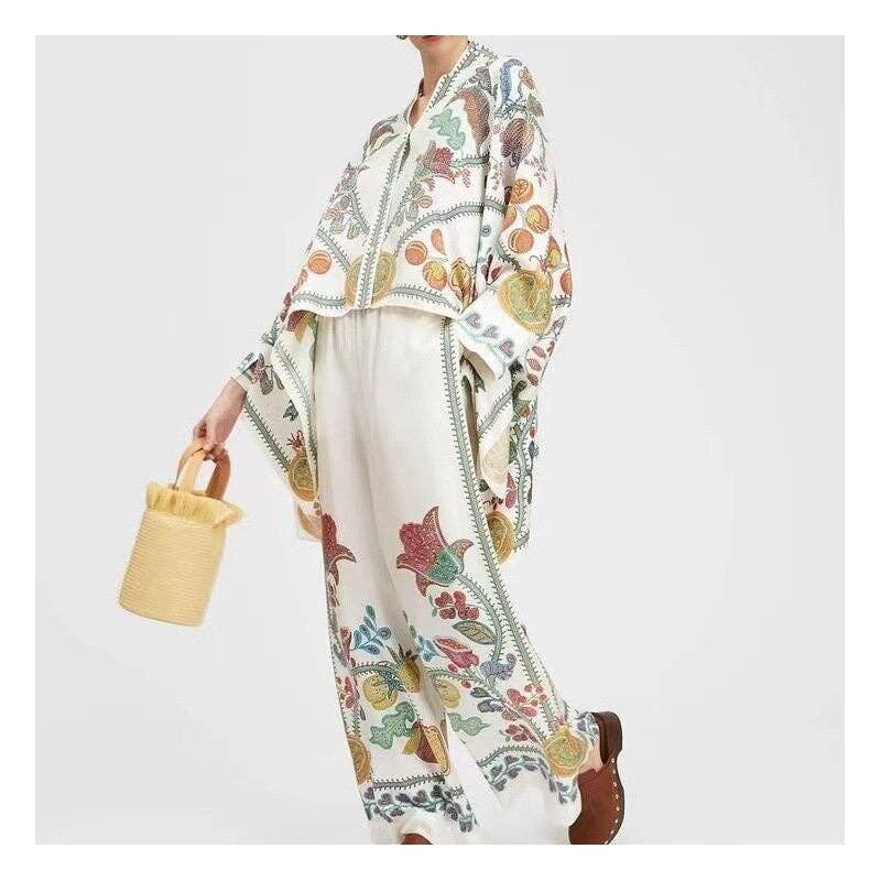 Printed Stand Collar Irregular Top And Pants Set