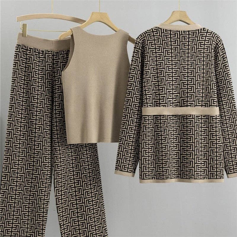 Knitted Cardigan And Tank Top Wide Leg Pants Set