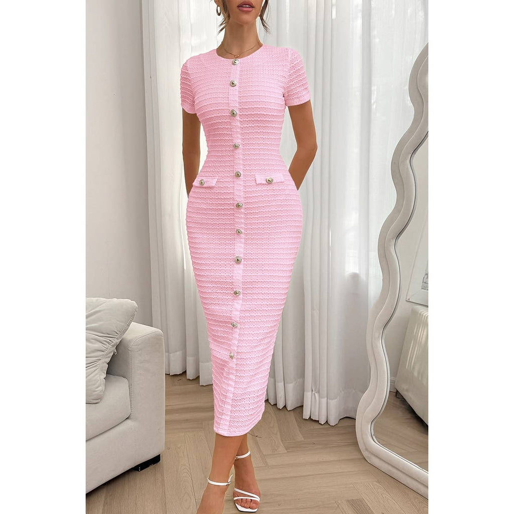 Solid Buckle Design Zipper Split Short Sleeve Dress