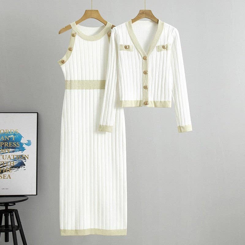 Fashion Knitted Sweater High Waist Vest Dress Set