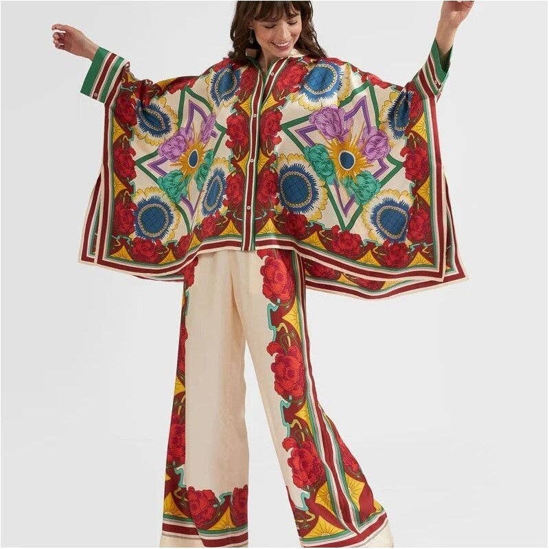 Printed Stand Collar Irregular Top And Pants Set