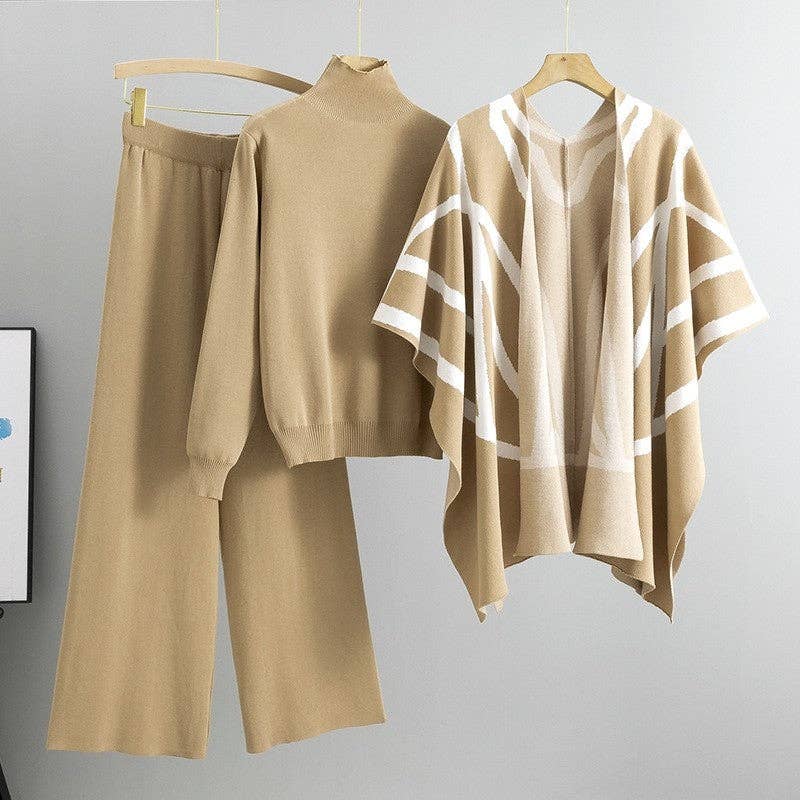 Three-Piece Knit Sweater Shawl Poncho Wide-Leg Pants