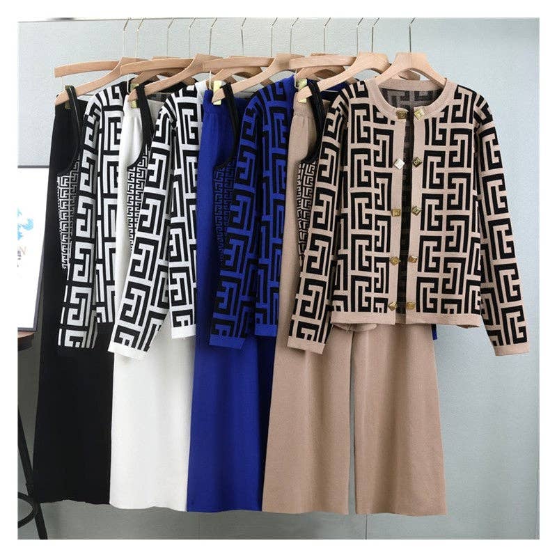 Color Block Knitted Cardigan And Wide Leg Pants Set
