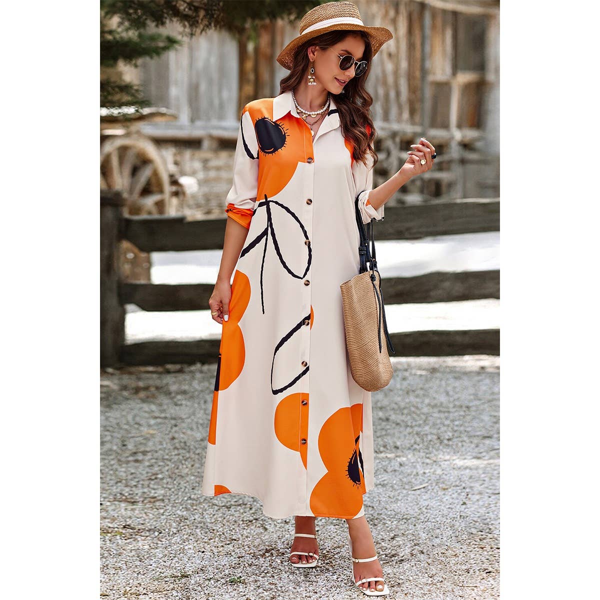 A Line Button Down Floral Print Loose Fit Dress