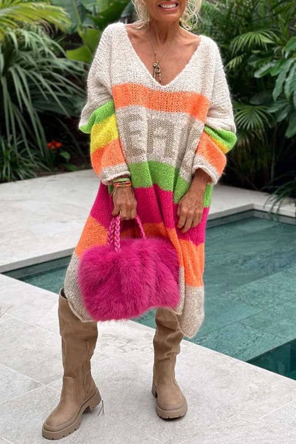 Peace Pattern Color Blocks Knit Midi Sweater Dress