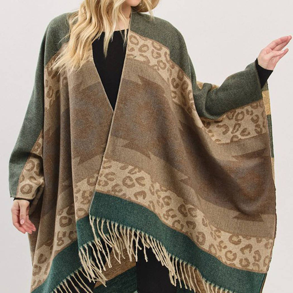 Aztec Leopard Pattern Fringe Ruana