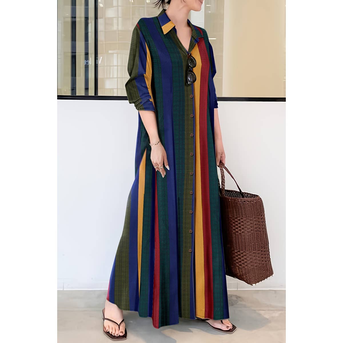 Strip Plaid Button Front Open Loose Maxi Dress