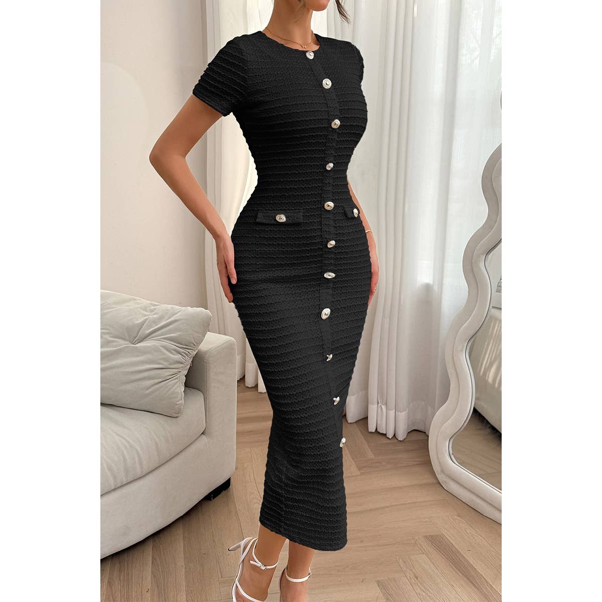 Solid Buckle Design Zipper Split Short Sleeve Dress