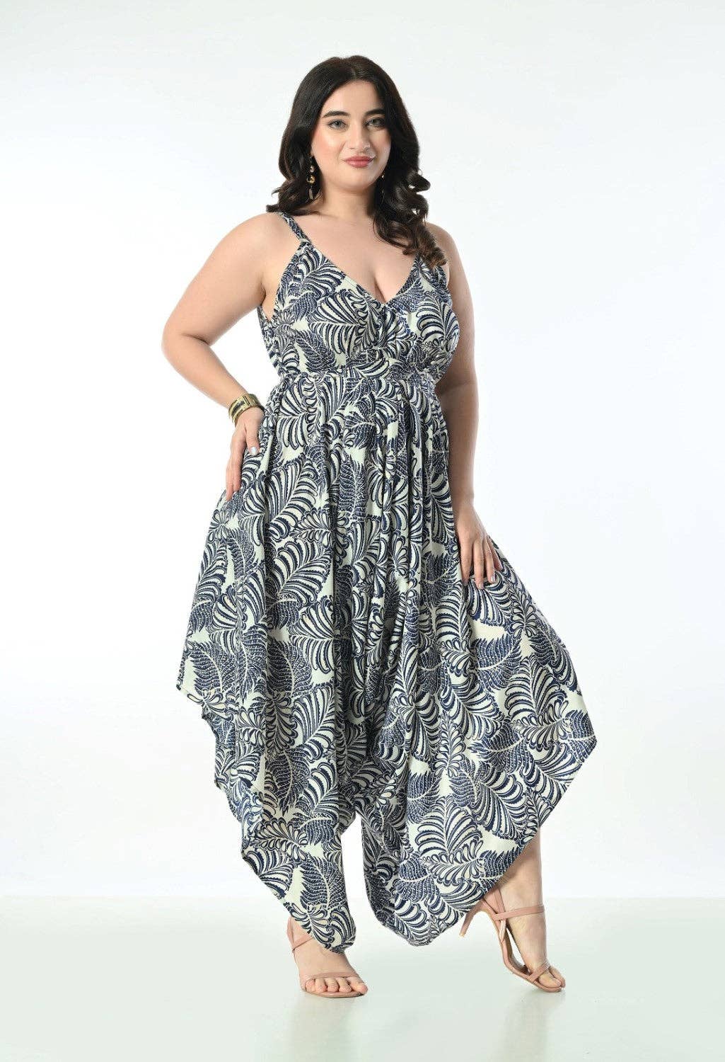 Women's Tropical Leaf Print Jumper – Asymmetrical Harem Jumpsuit Boho Style
