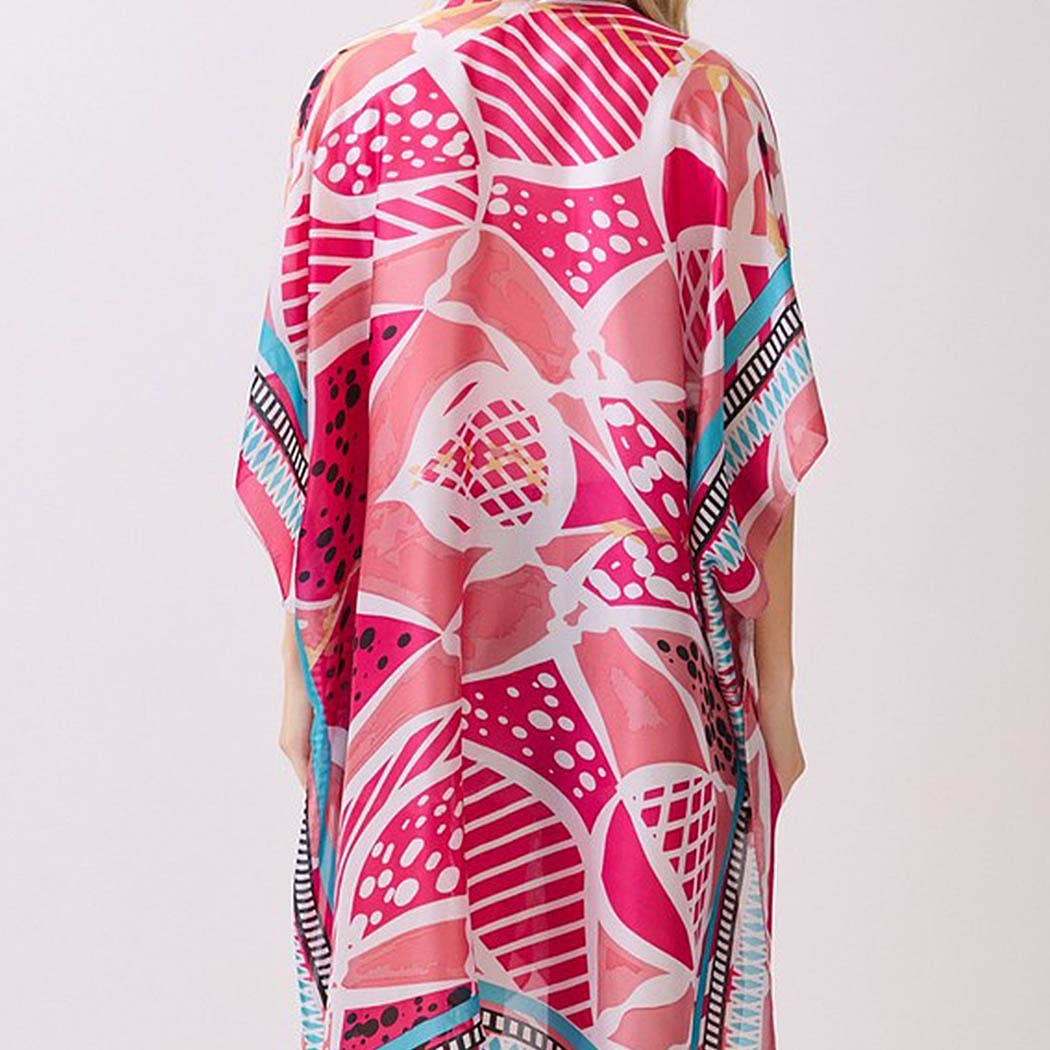 Abstract Botanical Print Silky Feel Kimono