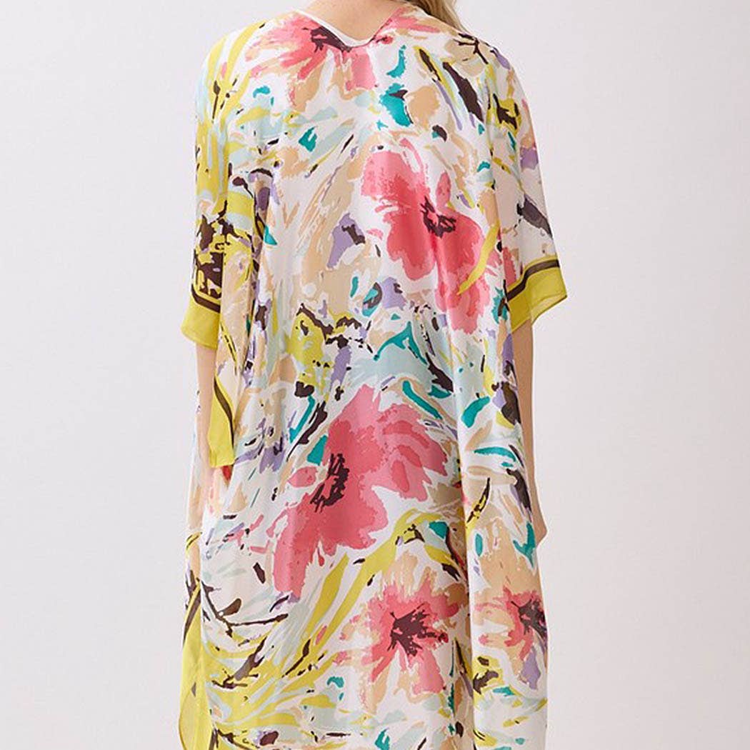 Abstract Floral Print Silky Feel Kimono