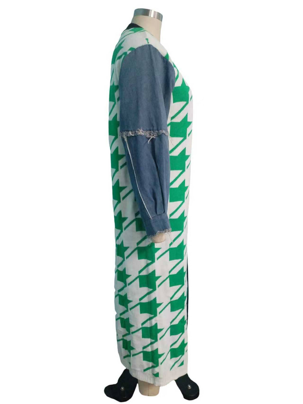 Houndstooth Pattern Denim Sleeve Spliced Long Cardigan
