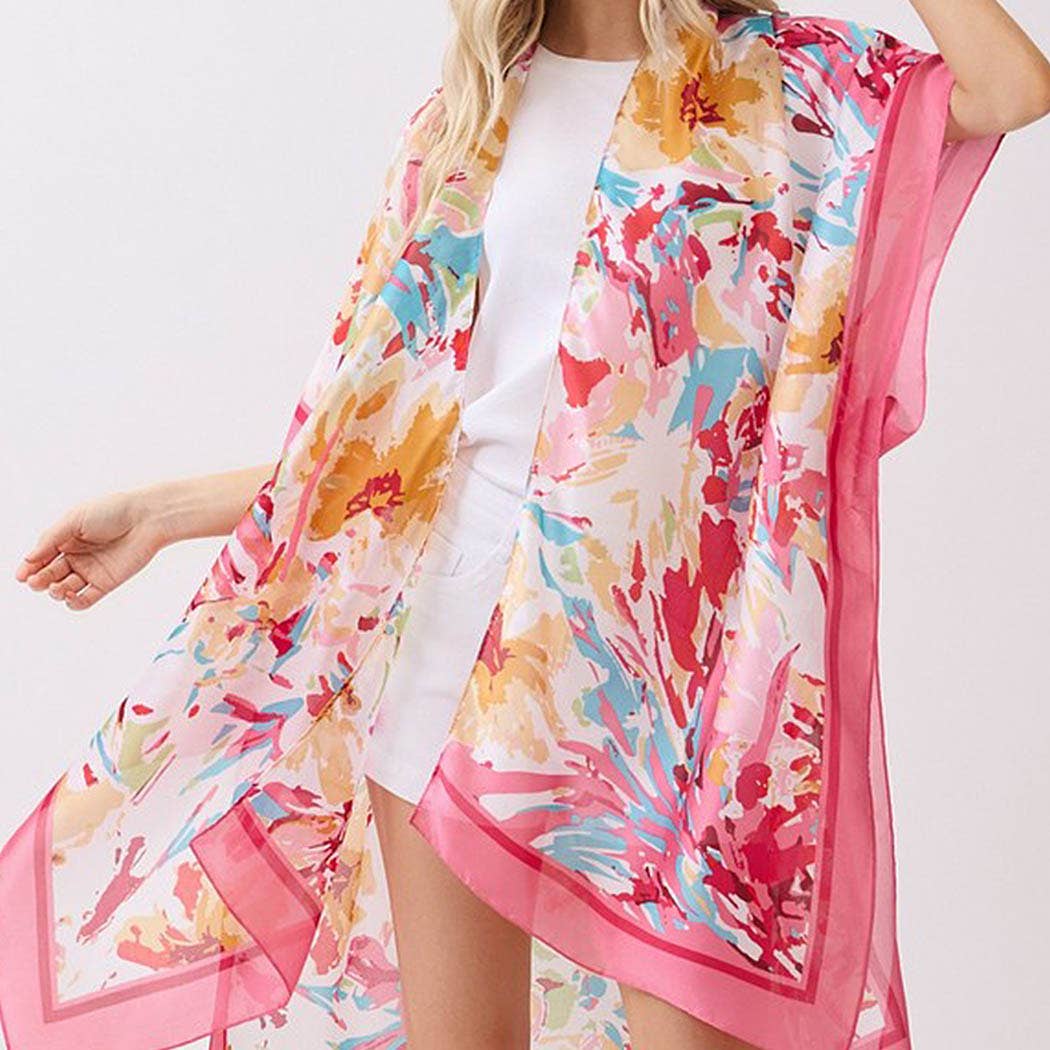 Abstract Floral Print Silky Feel Kimono