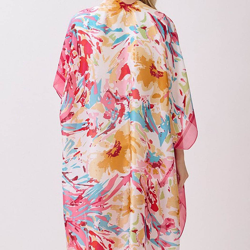 Abstract Floral Print Silky Feel Kimono