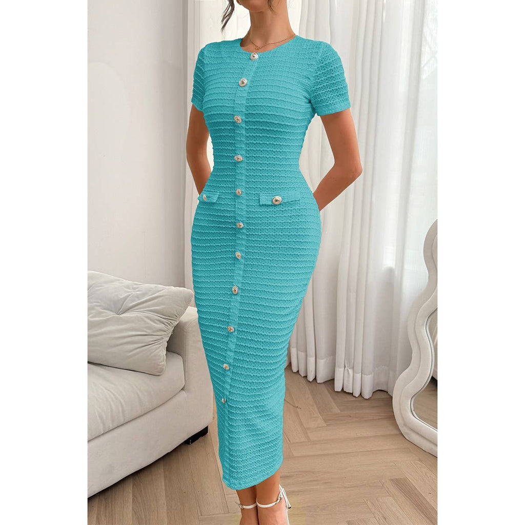 Solid Buckle Design Zipper Split Short Sleeve Dress